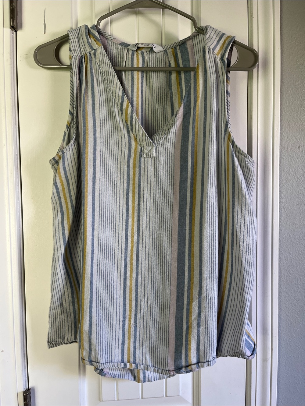 Linen Women’s Striped V-Neck Sleeveless Tank Top - Blue, Yellow & White